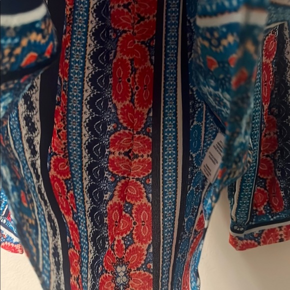 Vibrant Blue and Red 3/4 Sleeve Smocked Tunic off shoulder - Picture 7 of 9